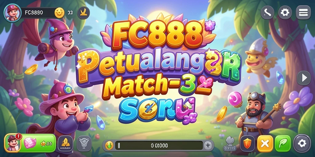 Screenshot utama FC888 menunjukkan gameplay seru dan penuh warna Match-3.