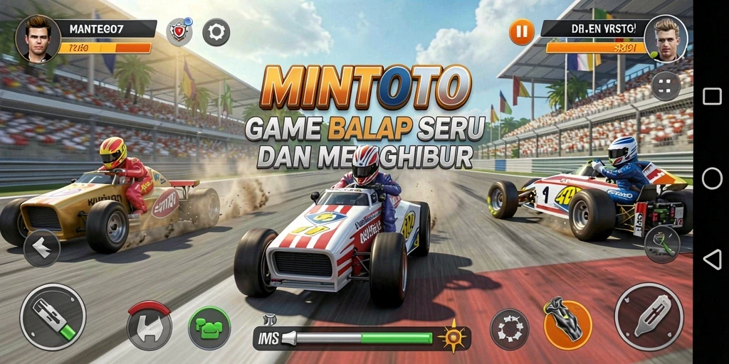 Gameplay MINTOTO yang seru dengan mobil balap di lintasan.