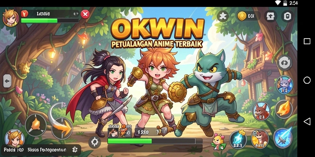 Gameplay OKWIN yang menampilkan karakter anime dalam aksi.