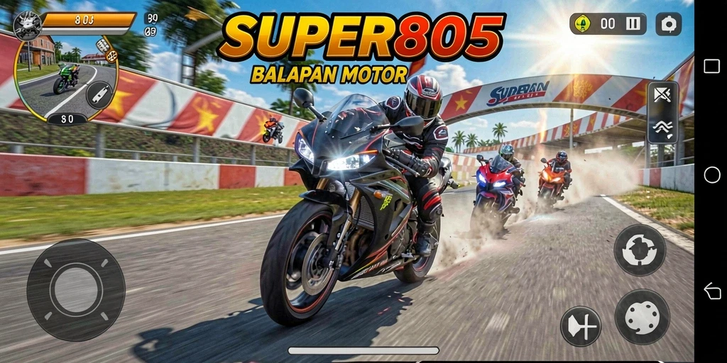 Gameplay SUPER805 yang mendebarkan dalam balapan motor.